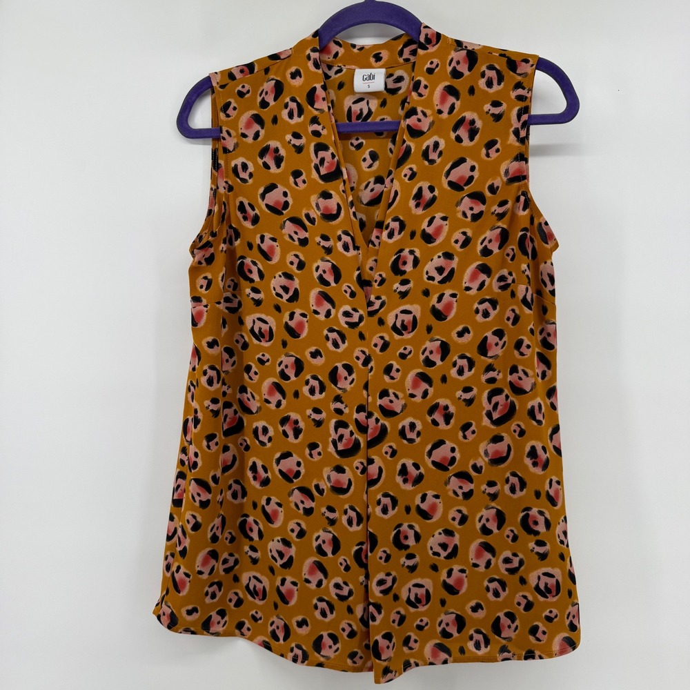 Cabi Womens Mustard Yellow Animal Leopard Print V-Neck Sleeveless Blouse Small